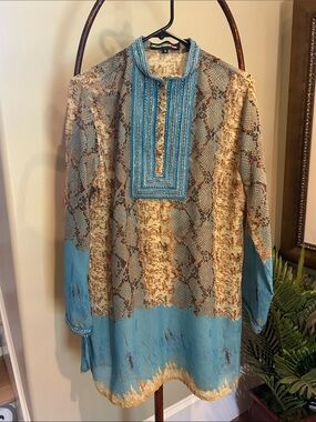 Beaded Turquoise & Beige Women's Tunic Blouse